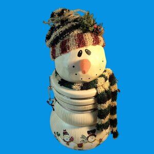Snowman Cookie jar Canister Knit  Hat  Scarf wire Twig arms